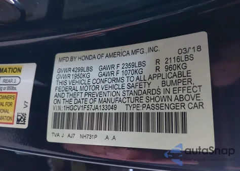 2018 Honda Accord Ex-L from USA, damaged, VIN 1HGCV1F57JA133049